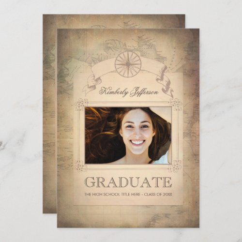 Vintage World Travel Map Graduation Party Invitation - Vintage world map explorer photo graduation announcement and graduation party invitation in one