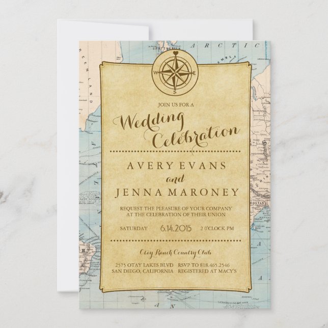 Vintage World Travel Map Wedding Invitation (Front)
