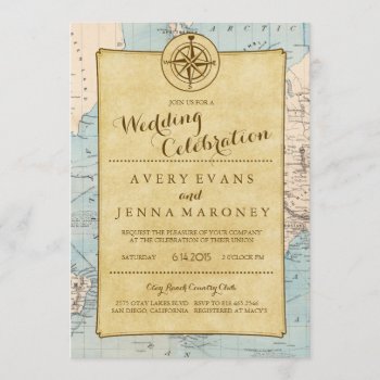 Vintage World Travel Map Wedding Invitation by GreenLeafDesigns at Zazzle