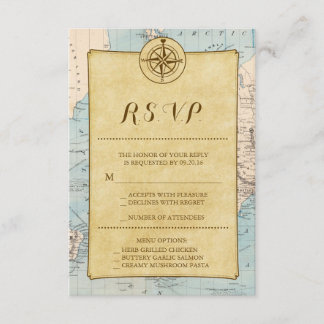 Vintage World Travel Map Wedding RSVP Card