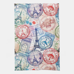 Vintage World Travel Stamp Pattern (2) Kitchen Towel