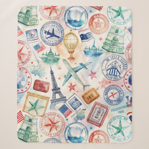 Vintage World Travel Stamp Pattern (3) Sherpa Blanket