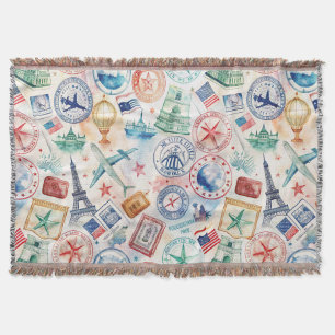 Vintage World Travel Stamp Pattern (3) Throw Blanket