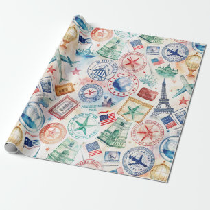 Vintage World Travel Stamp Pattern (3) Wrapping Paper