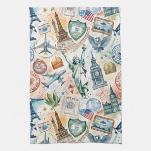 Vintage World Travel Stamp Pattern (6) Kitchen Towel