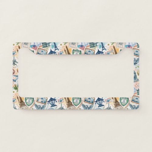 Vintage World Travel Stamp Pattern (6) License Plate Frame