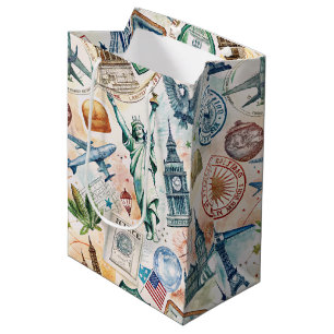 Vintage World Travel Stamp Pattern (6) Medium Gift Bag