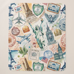 Vintage World Travel Stamp Pattern (6) Sherpa Blanket