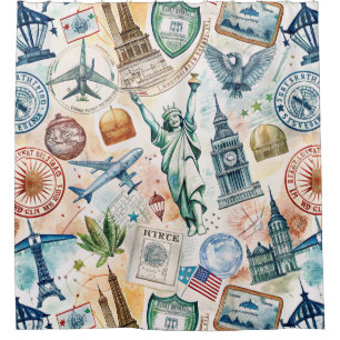 Vintage World Travel Stamp Pattern (6) Shower Curtain