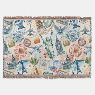 Vintage World Travel Stamp Pattern (6) Throw Blanket
