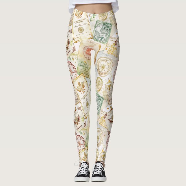Vintage World Travel Stamp Pattern (7) Leggings (Front)