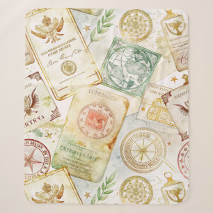 Vintage World Travel Stamp Pattern (7) Sherpa Blanket