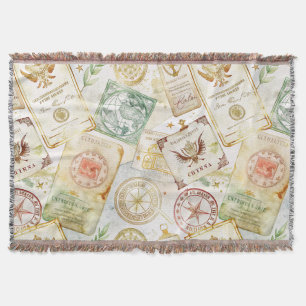 Vintage World Travel Stamp Pattern (7) Throw Blanket