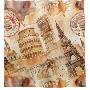 Vintage World Travel Stamp Pattern (9) Shower Curtain