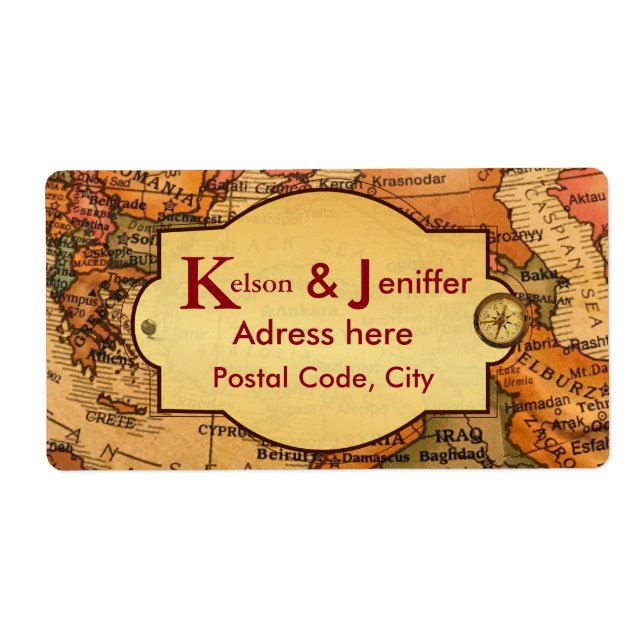 Vintage world travel themed wedding label (Front)