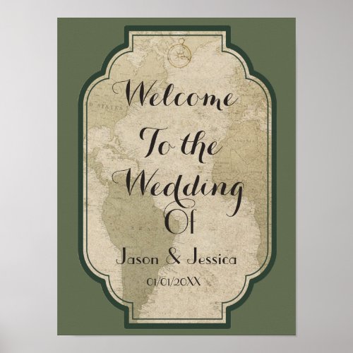 Vintage world travel themed wedding welcome poster