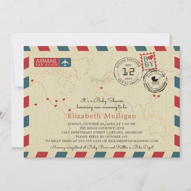Vintage World Traveler Airmail Baby Shower Invitation (Front)