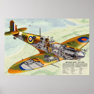 Vintage World War 2 British Spitfire Plane Cutaway Poster