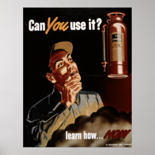 Vintage World War II Fire Extinguisher Safety Poster