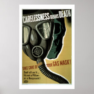 Vintage World War II Gas Mask Safety Poster