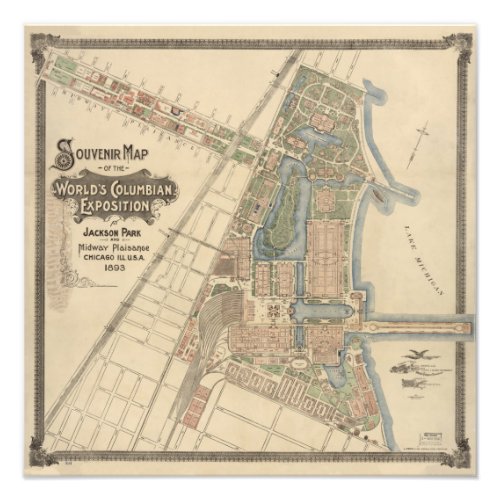Vintage Worlds Fair Chicago Souvenir Map 1893 Photo Print
