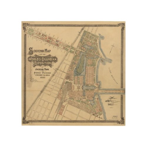 Vintage Worlds Fair Chicago Souvenir Map 1893 Wood Wall Art