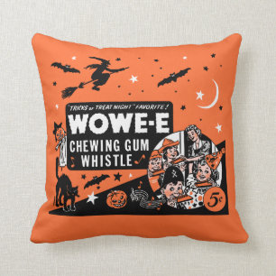 Vintage Wowee Chewing Gum Halloween Whistle WOWE-E Throw Pillow