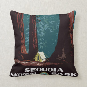 Vintage WPA Camping in Sequoia National Park Throw Pillow