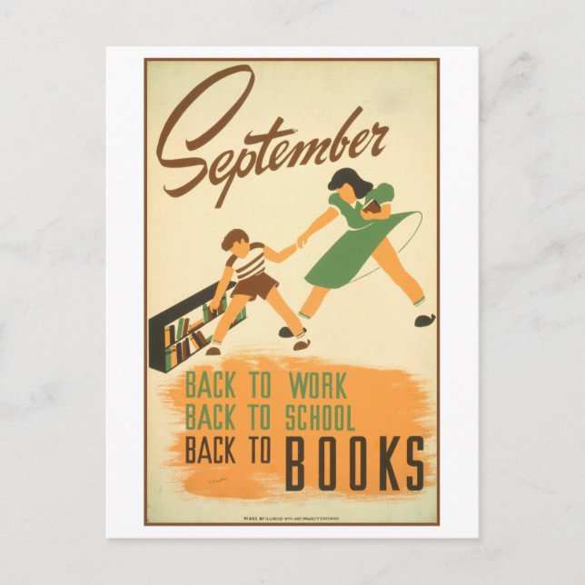 Vintage WPA Library Poster September Reading Postcard (Front)