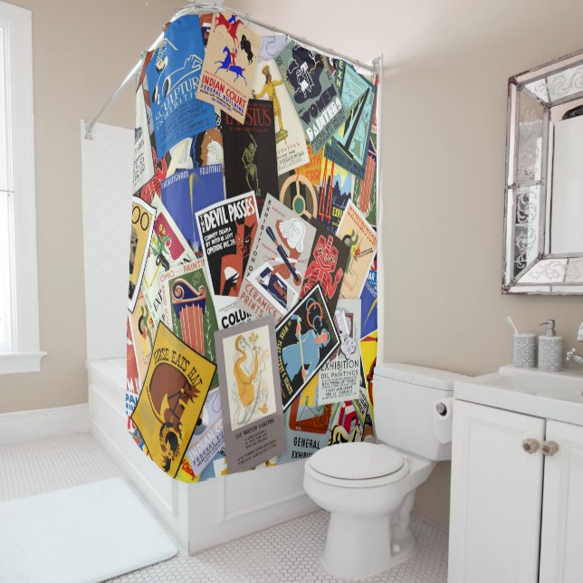 Vintage WPA Poster Collage No. 1 Shower Curtain (In Situ)