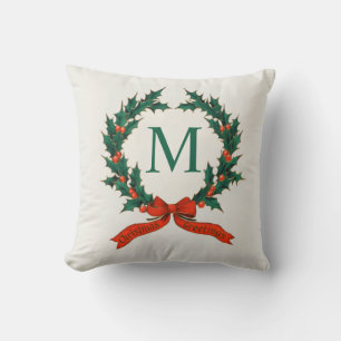 Vintage Wreath and Initial Christmas Throw Pillow