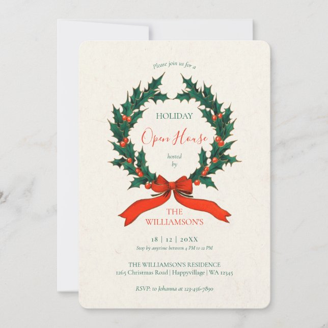 Vintage Wreath Christmas Open House Invitation (Front)