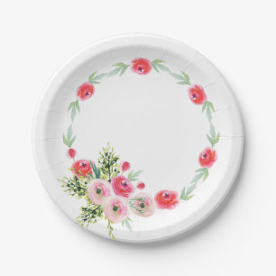 Vintage Wreath Floral Watercolor Bridal Shower Paper Plates