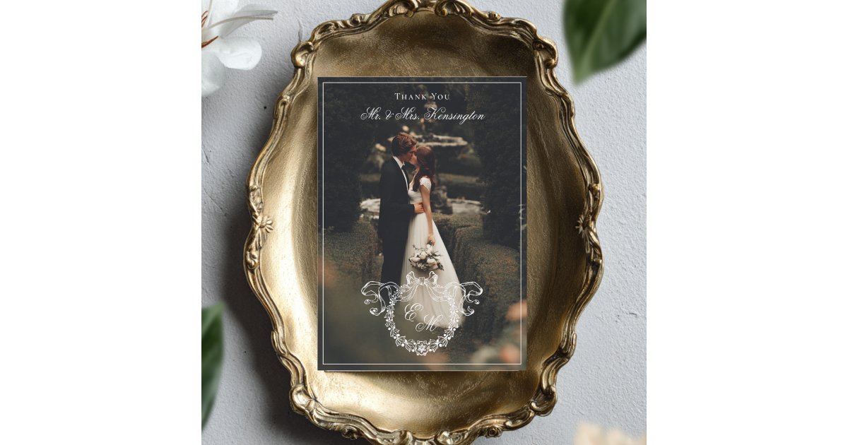 Vintage Wreath Monogram Elegant Wedding Full Photo Thank You Card | Zazzle
