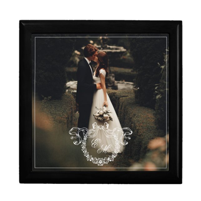 Vintage Wreath Monogram Wedding Photo Memory Box (Front)