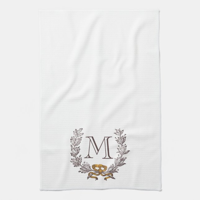 Vintage Wreath Personalized Monogram Initial Tea Kitchen Towel (Vertical)