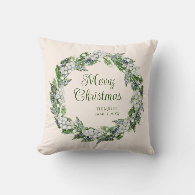 Vintage Wreath Script Christmas Throw Pillow (Front)