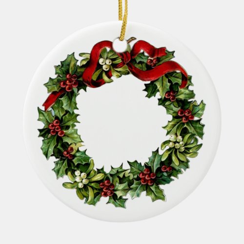 Vintage Wreath with Red Bow Holly Gift Collection Ceramic Ornament