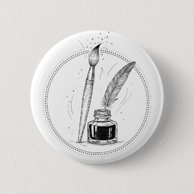 Vintage Writer Ink & Feather Minimal Dark Art Button (Front)