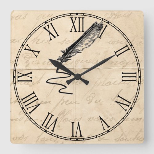 Vintage Writers Feather Quill Square Wall Clock
