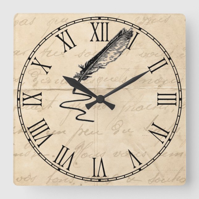 Vintage Writer’s Feather Quill Square Wall Clock (Front)