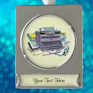 Vintage Writer’s Tools Typewriter Paper Pencil Silver Plated Banner Ornament