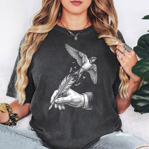 Vintage Writing Bird Quill Pen Illustration T-Shirt