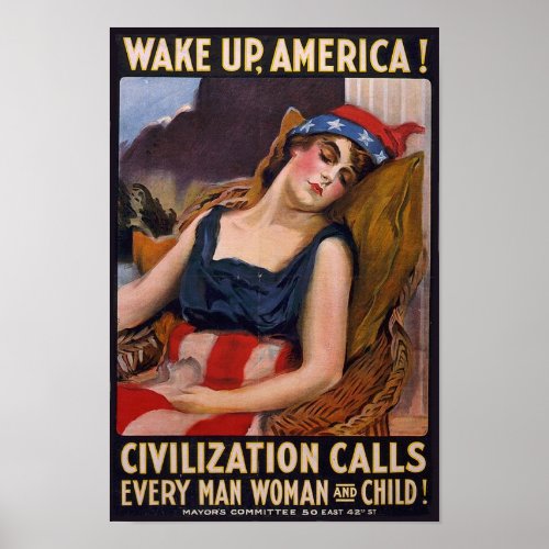 Vintage WW1 Wake Up America Propaganda Poster