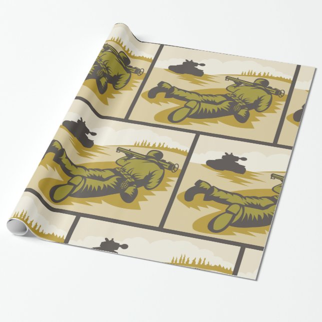 Vintage WW2 Bazooka Soldier and Tank Wrapping Paper (Unrolled)