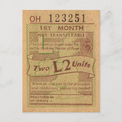 Vintage WW2 Canada Gas Ration Coupon 2 Liters Postcard