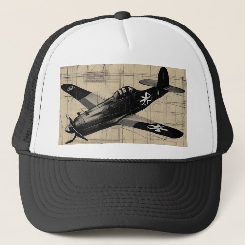 Vintage ww2 Fighter Plane Pencil Sketch Design Trucker Hat