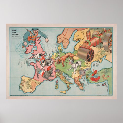 Vintage WWI Dogs of War Illustrative Map 1914 Poster