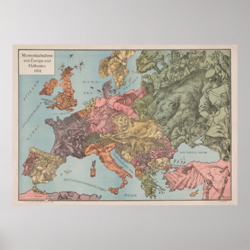 Vintage WWI Europe Illustrative Map 1915 Poster