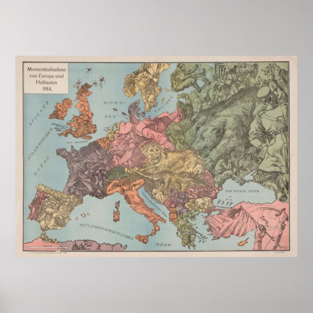 Vintage WWI Europe Illustrative Map (1915) Poster (Front)